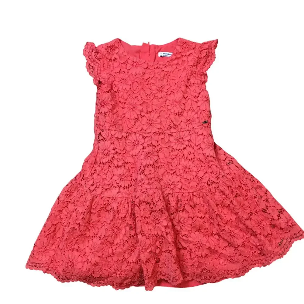 Mayoral Spain Cut Out Lace Coral Flutter Sleeve Toddler Girl Swing Dress 5T